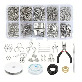 1 Box Platinum/Golden DIY Earring Bracelet Necklace Making Kit, Including Elastic Thread, Cowhide Leather Cord, Alloy Clasps, Stainless Steel Eye Hooks, Brass Rings, Tweezers, Pliers