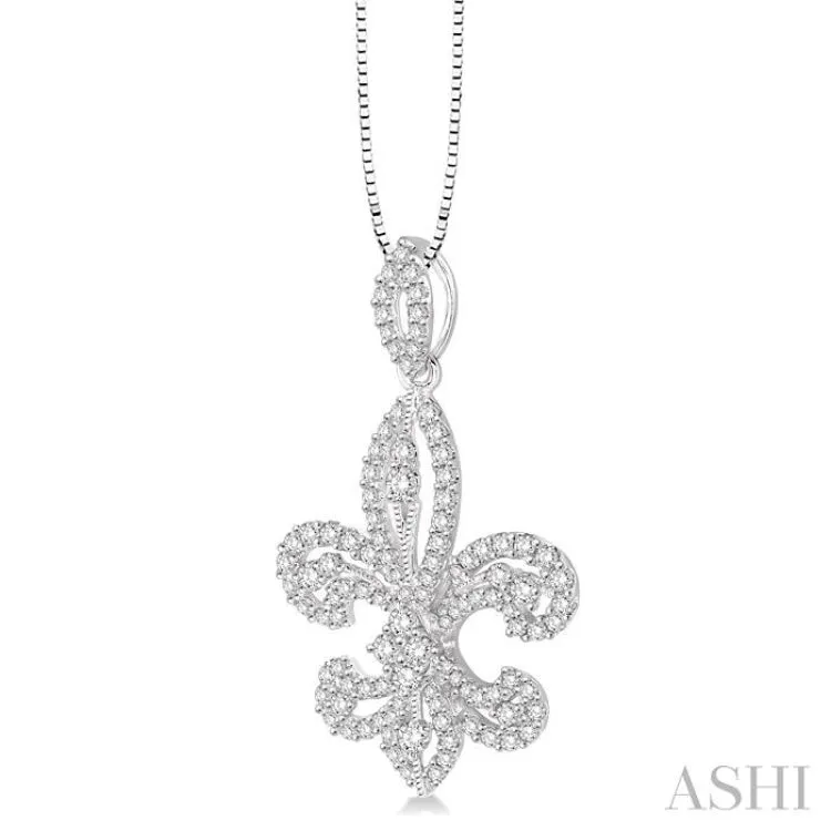 1 Ctw Round Cut Diamond Fleur De Lis Diamond Pendant in 14K White Gold with Chain