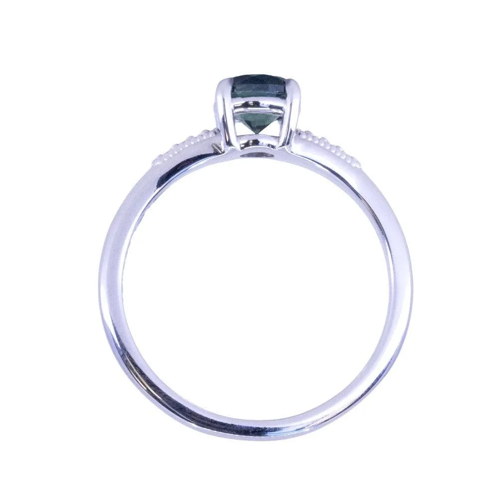 1.07ct Untreated Deep Teal Green Nigerian Sapphire Four Prong Low Profile Milgrain and Diamond Ring in 14k White Gold