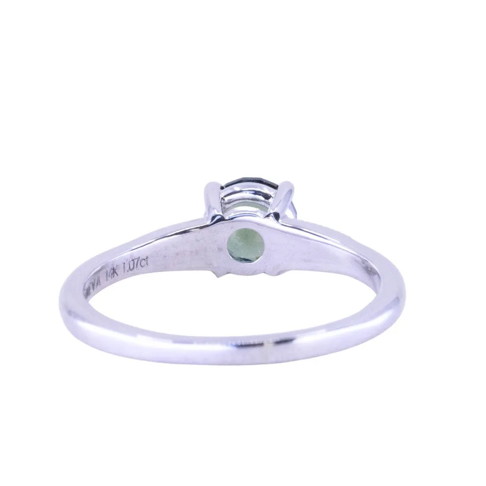 1.07ct Untreated Deep Teal Green Nigerian Sapphire Four Prong Low Profile Milgrain and Diamond Ring in 14k White Gold