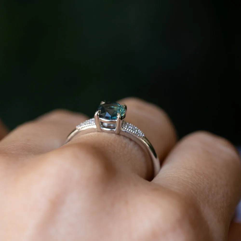 1.07ct Untreated Deep Teal Green Nigerian Sapphire Four Prong Low Profile Milgrain and Diamond Ring in 14k White Gold