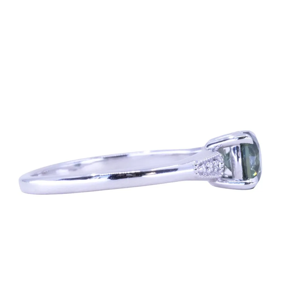 1.07ct Untreated Deep Teal Green Nigerian Sapphire Four Prong Low Profile Milgrain and Diamond Ring in 14k White Gold