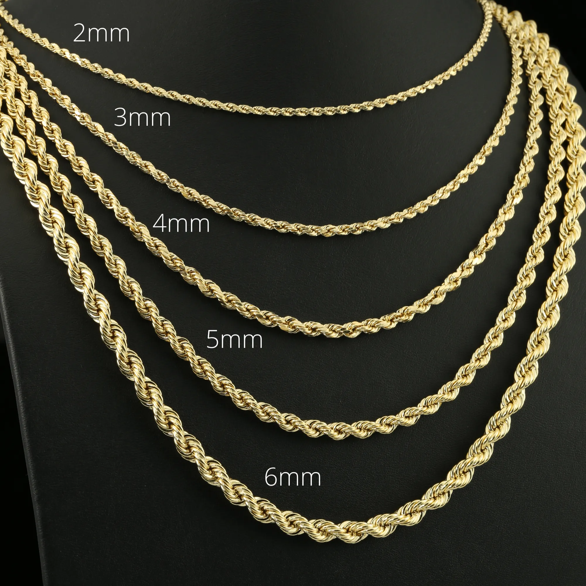 10K Yellow Gold Rope Chains, Solid 10K Gold Necklace With Secure Lobster Lock