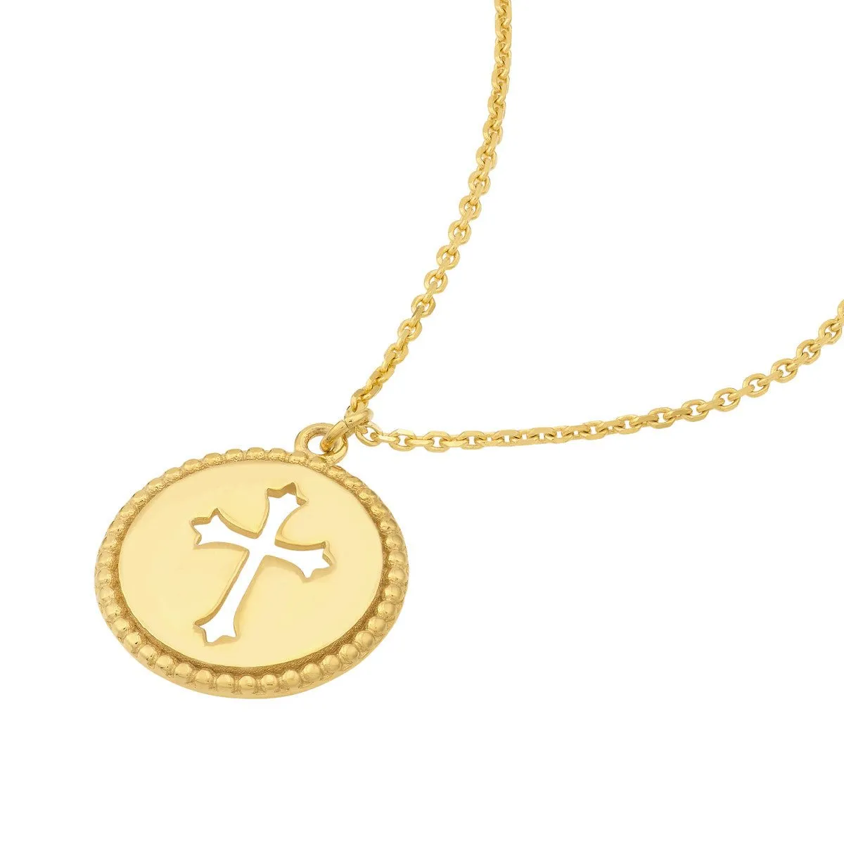 14K Gold Cross Cutout Beaded Medallion Necklace