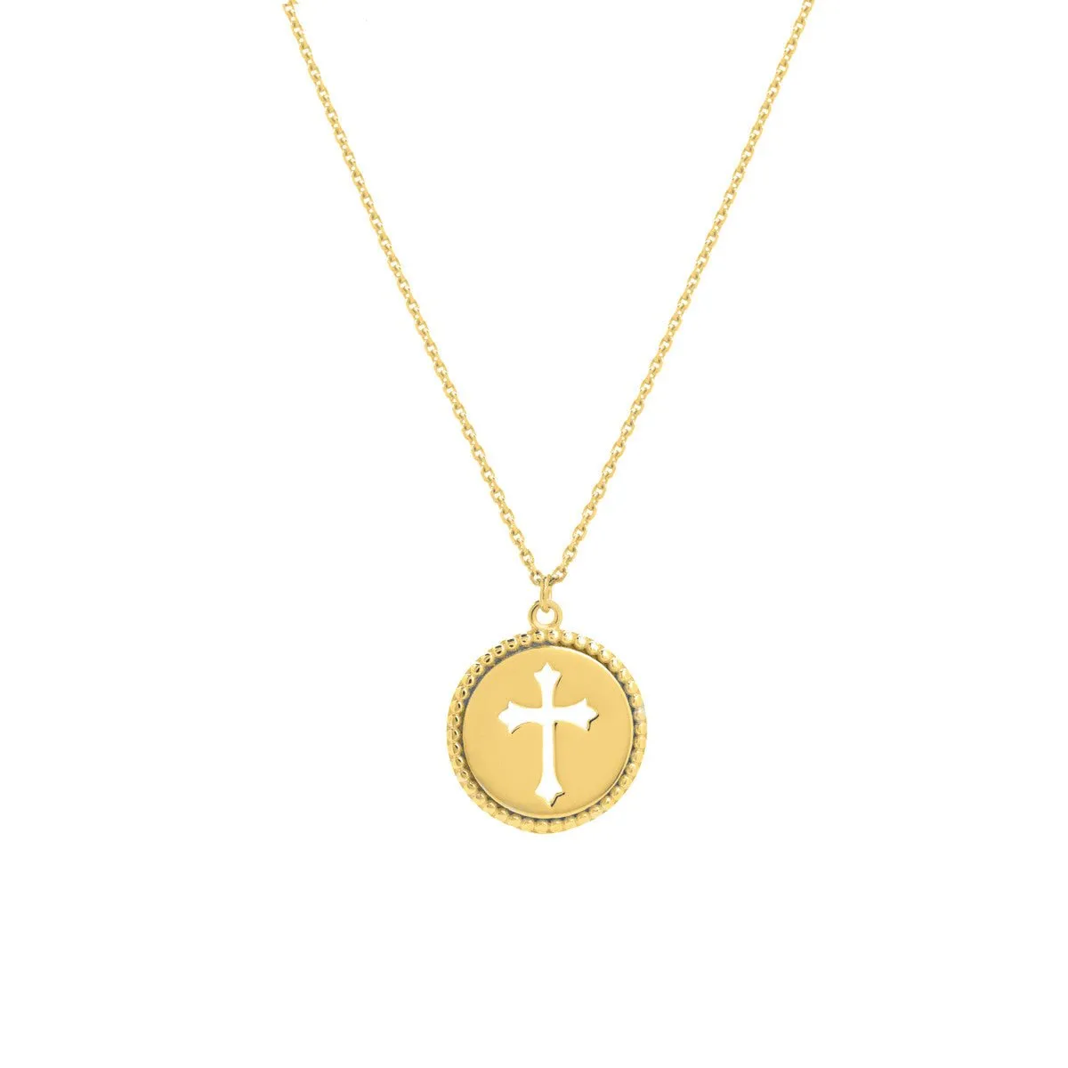 14K Gold Cross Cutout Beaded Medallion Necklace