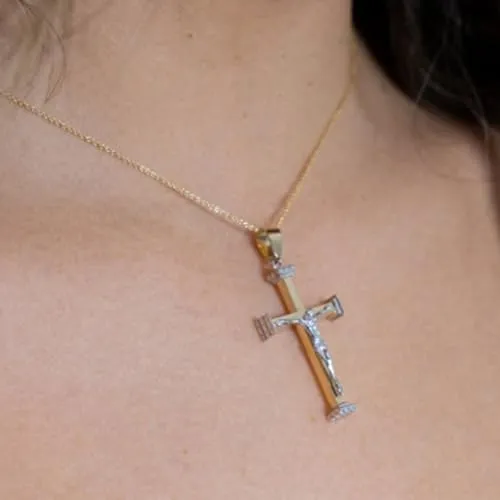 14k Solid Two-Tone Gold 3D Religious Crucifix Cross Pendant With Cable, Curb or Figaro Chain Necklace