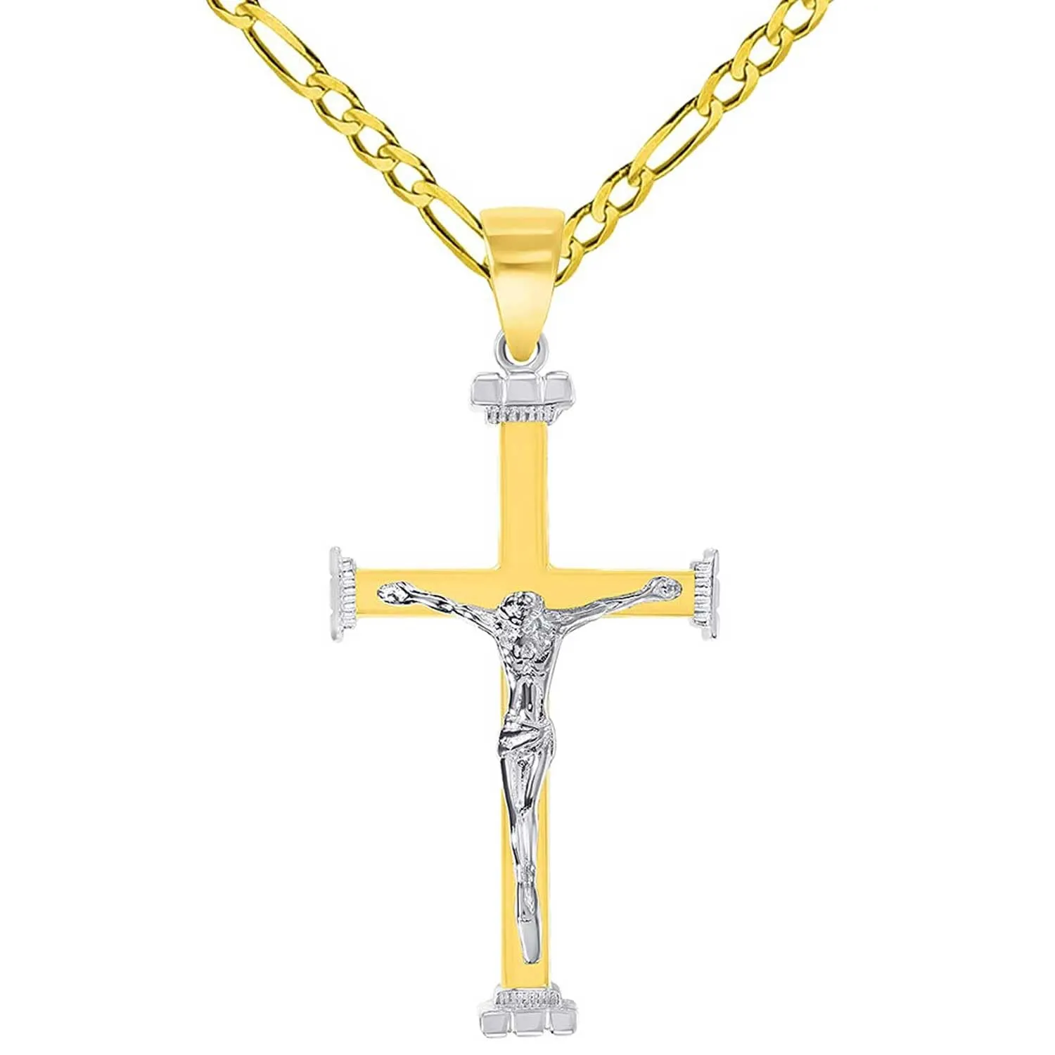 14k Solid Two-Tone Gold 3D Religious Crucifix Cross Pendant With Cable, Curb or Figaro Chain Necklace