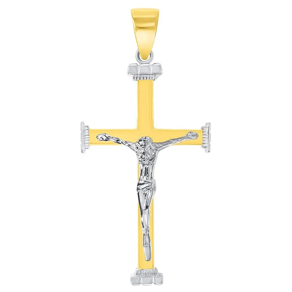 14k Solid Two-Tone Gold 3D Religious Crucifix Cross Pendant With Cable, Curb or Figaro Chain Necklace