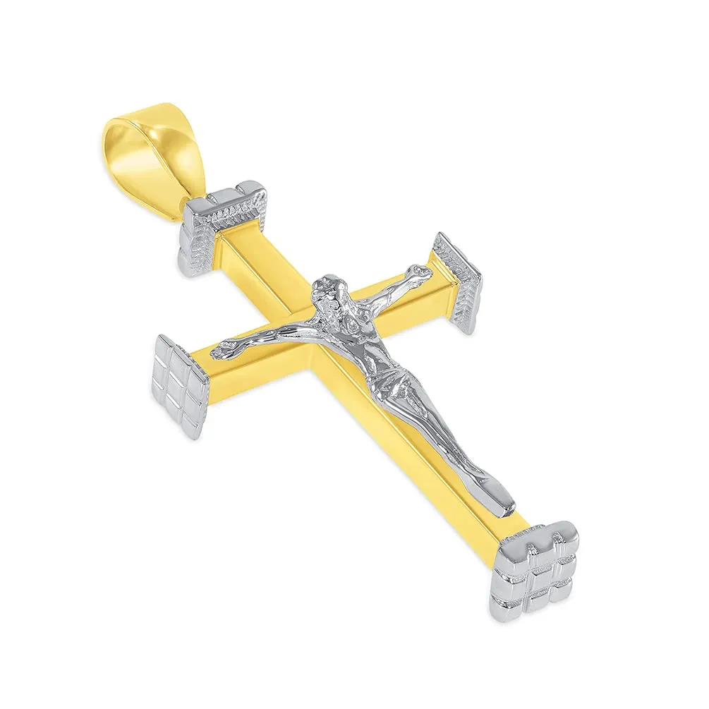 14k Solid Two-Tone Gold 3D Religious Crucifix Cross Pendant With Cable, Curb or Figaro Chain Necklace