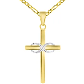 14k Two-Tone Gold Religious Plain Cross and Infinity Eternity Symbol Pendant Figaro Chain Necklace