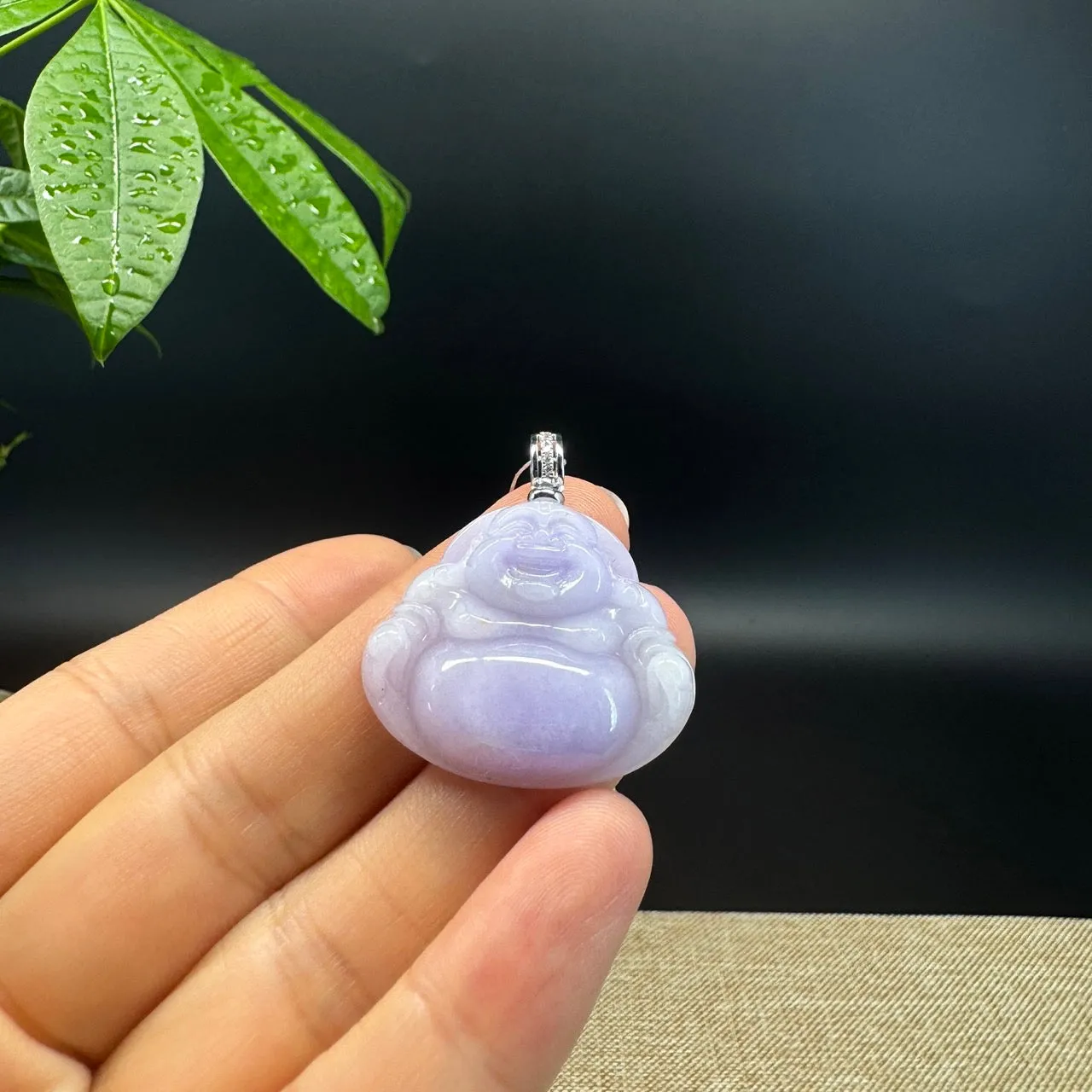 14K White Gold Burmese Lavender Jadeite Jade Happy Buddha Pendant with Diamond