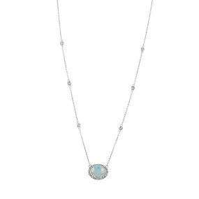 14K White Gold Opal and Diamond Halo Necklace