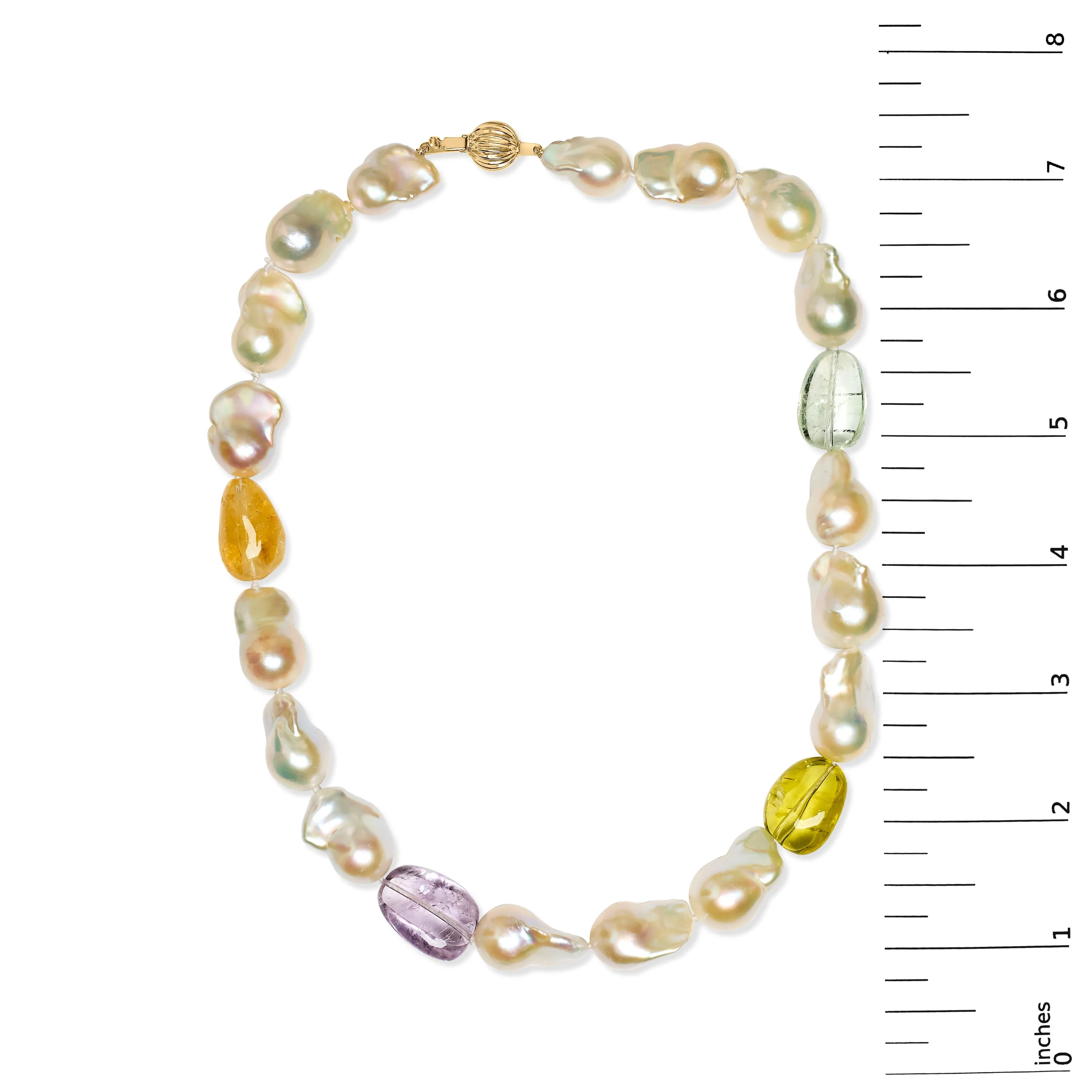 14K Yellow Citrine, Amethyst, and Baroque Pearl Strand Necklace