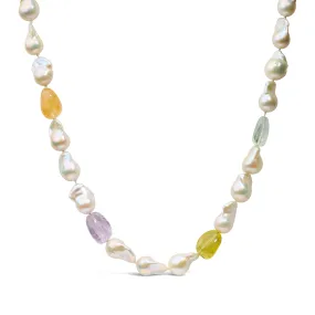 14K Yellow Citrine, Amethyst, and Baroque Pearl Strand Necklace