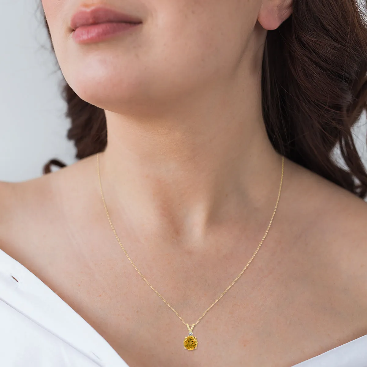 14K Yellow Gold 7Mm Round Citrine And Diamond Pendant