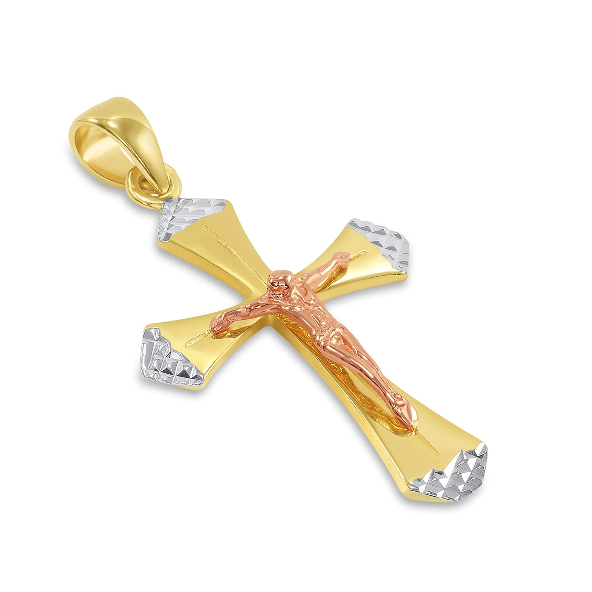 14k Yellow Gold and Rose Gold Textured Tri-Tone Religious Cross Jesus Crucifix Pendant with Cuban Curb Chain Necklace