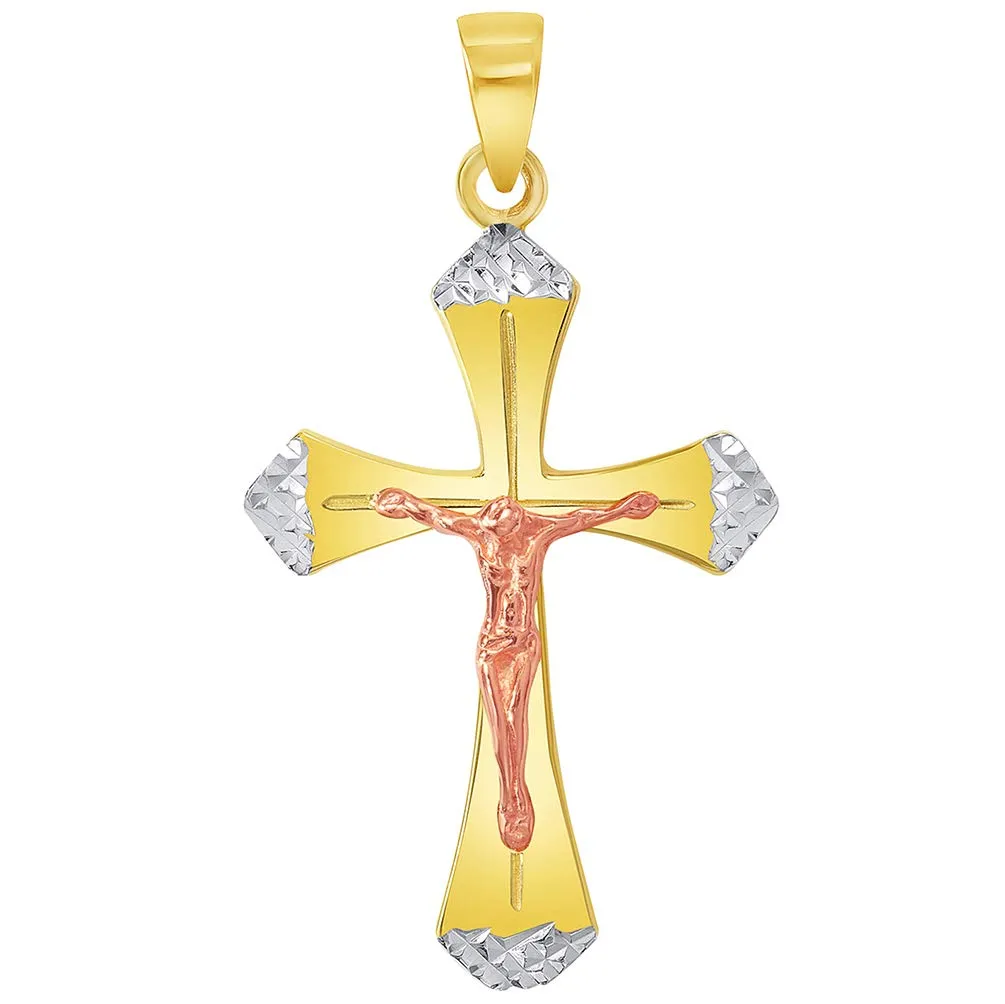 14k Yellow Gold and Rose Gold Textured Tri-Tone Religious Cross Jesus Crucifix Pendant with Cuban Curb Chain Necklace