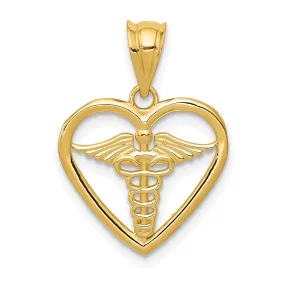 14k Yellow Gold Caduceus Heart Medical Pendant