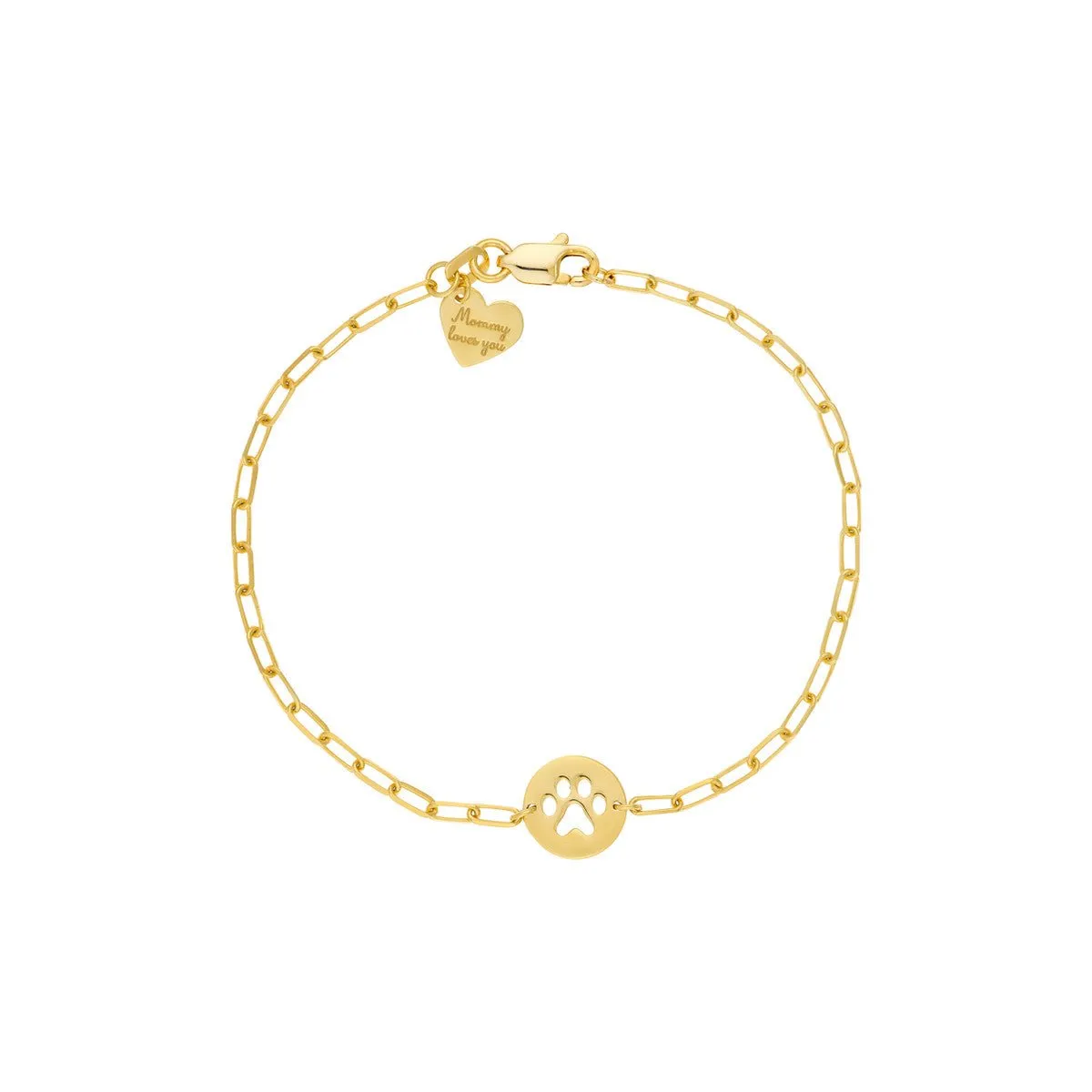 14K Yellow Gold Kid's Paper Clip Chain Bracelet with Paw