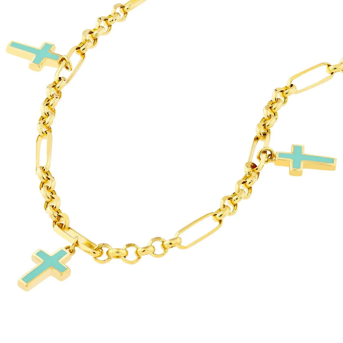 14K Yellow Gold Lt.Turquoise Crosses on 6 1 Rolo Chain Bracelet