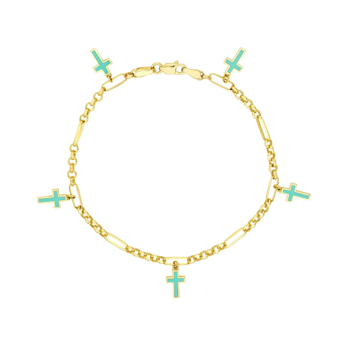 14K Yellow Gold Lt.Turquoise Crosses on 6 1 Rolo Chain Bracelet