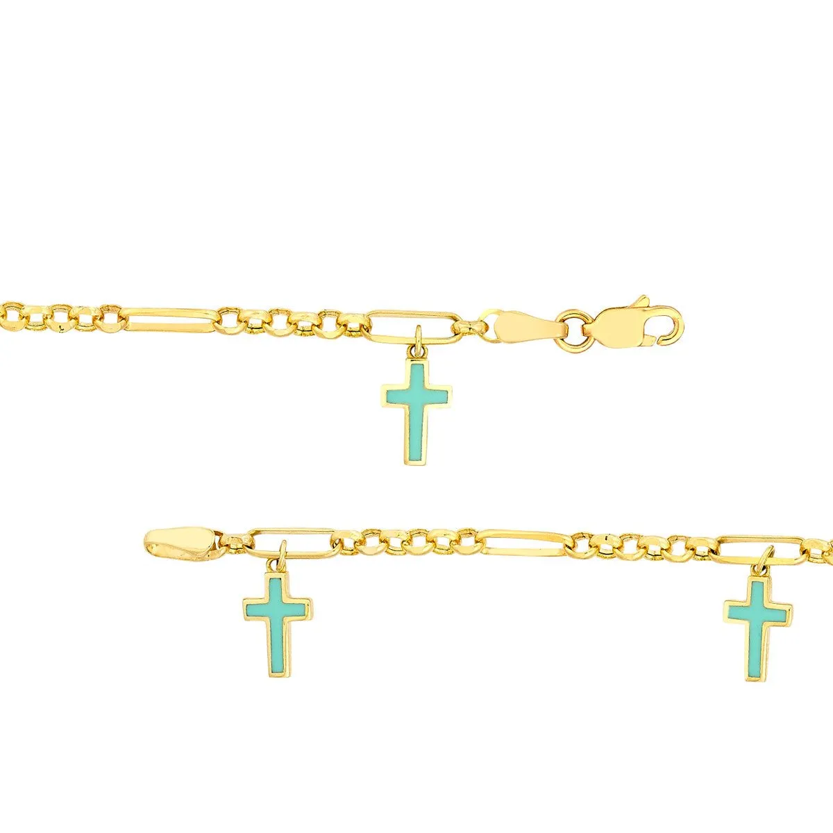 14K Yellow Gold Lt.Turquoise Crosses on 6 1 Rolo Chain Bracelet