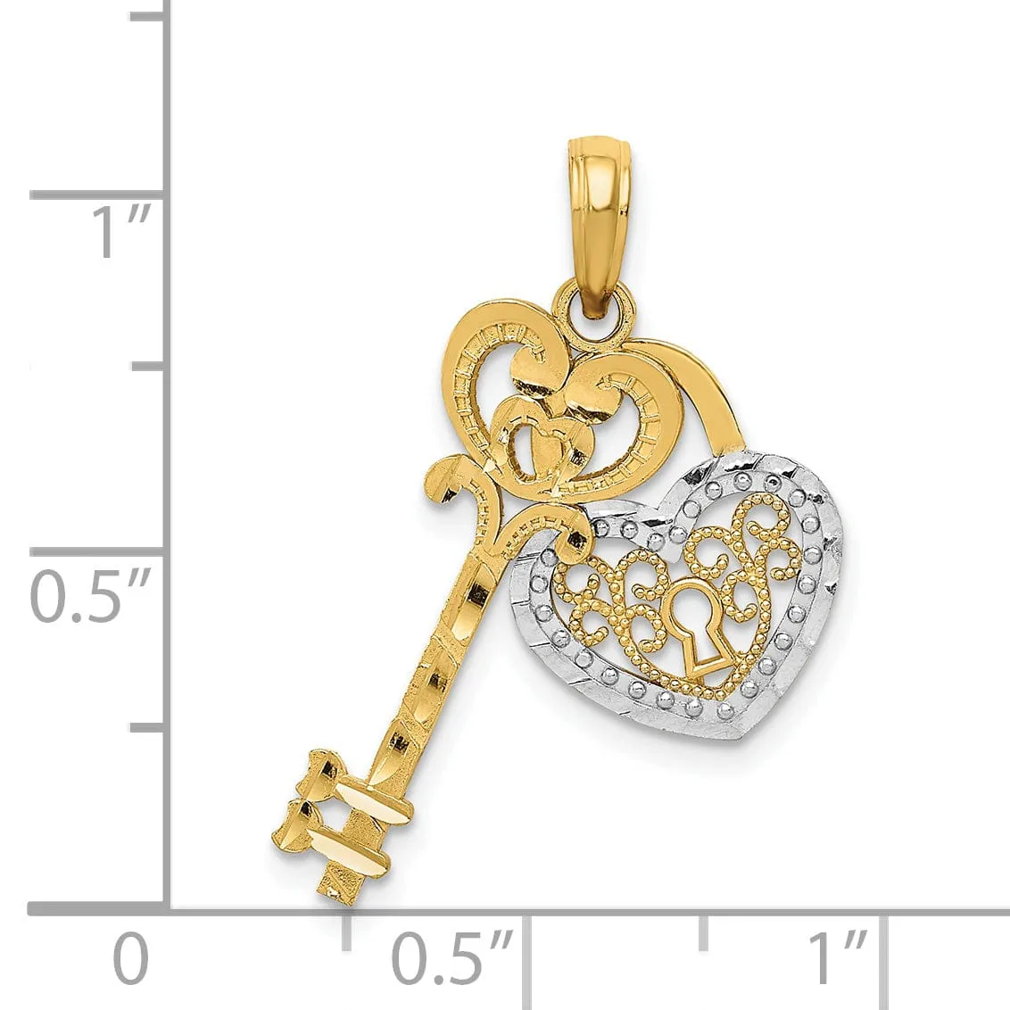 14K Yellow Gold Moveable Filigree Heart Key and Lock Design Charm Pendant