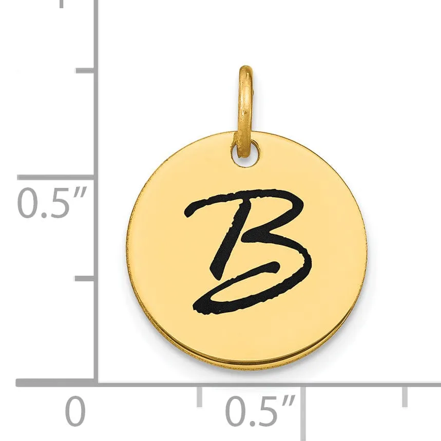 14k Yellow Gold Polished Black Epoxy Finish Letter B Initial Disk Shape Charm Pendant