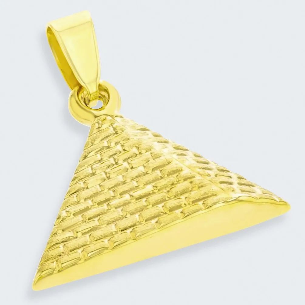 14K Yellow Gold Satin Polished Egyptian 2D Pyramid Pendant with Cable, Curb, or Figaro Chain Necklaces