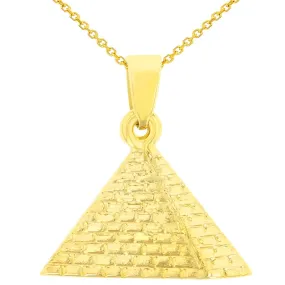 14K Yellow Gold Satin Polished Egyptian 2D Pyramid Pendant with Cable, Curb, or Figaro Chain Necklaces