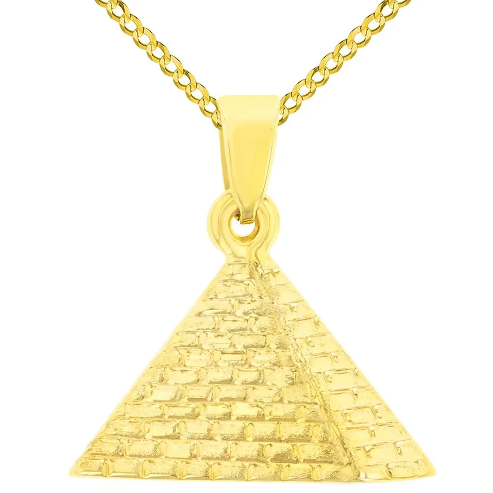 14K Yellow Gold Satin Polished Egyptian 2D Pyramid Pendant with Cable, Curb, or Figaro Chain Necklaces