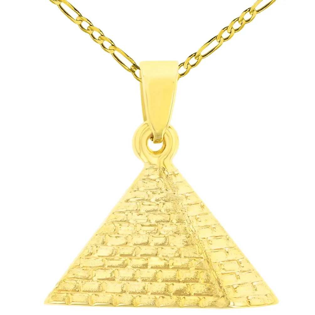 14K Yellow Gold Satin Polished Egyptian 2D Pyramid Pendant with Cable, Curb, or Figaro Chain Necklaces