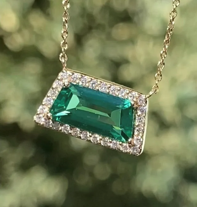 14K Yellow Gold Trapezoid Green Quartz and Diamond Halo Necklace