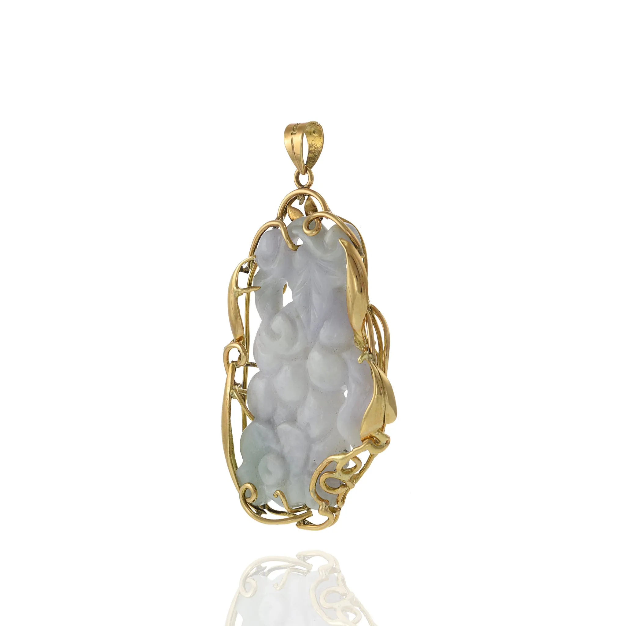 14KT Yellow Gold Estate Genuine White and Green Jade Carving Pendant