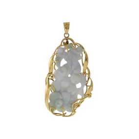 14KT Yellow Gold Estate Genuine White and Green Jade Carving Pendant