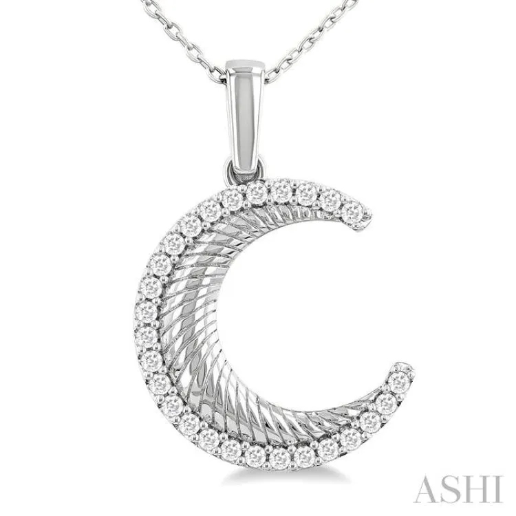 1/5 Ctw Spiral Textured Crescent Moon Round Cut Diamond Fashion Pendant With Chain in 10K White Gold