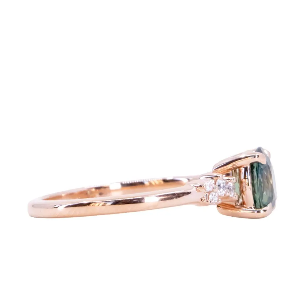 1.52ct Midnight-Teal Color Shifting Songean Sapphire and Diamond Starry Night Low Profile Solitaire in 14k Rose Gold