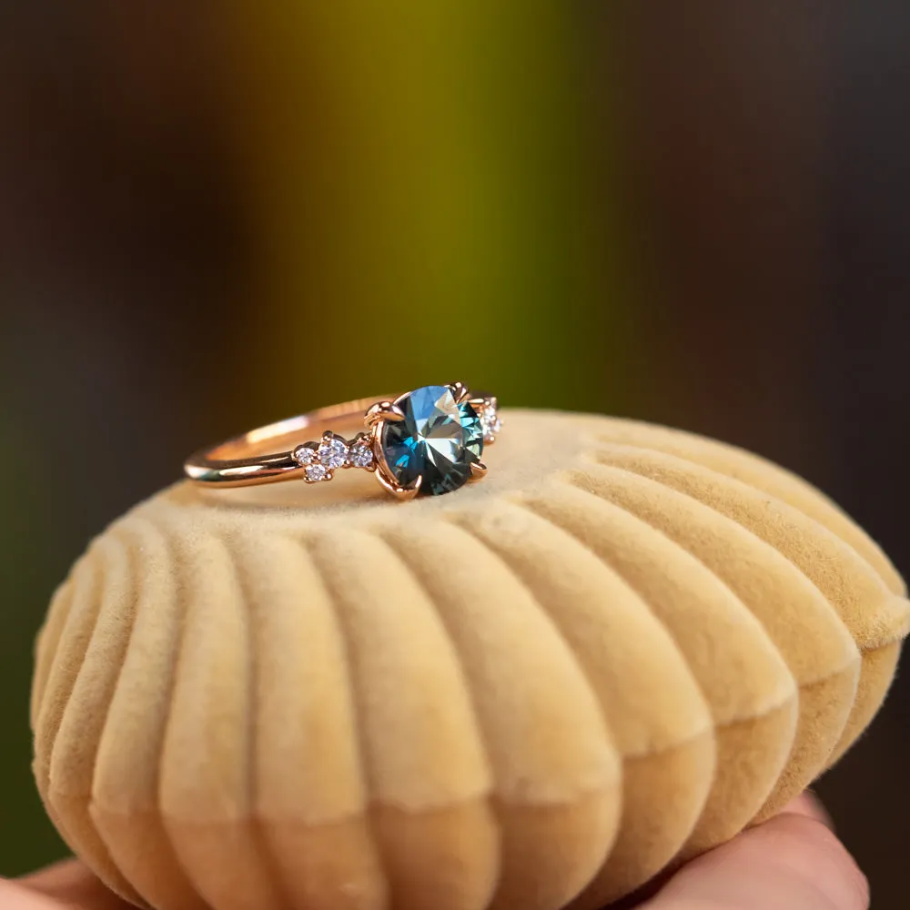 1.52ct Midnight-Teal Color Shifting Songean Sapphire and Diamond Starry Night Low Profile Solitaire in 14k Rose Gold