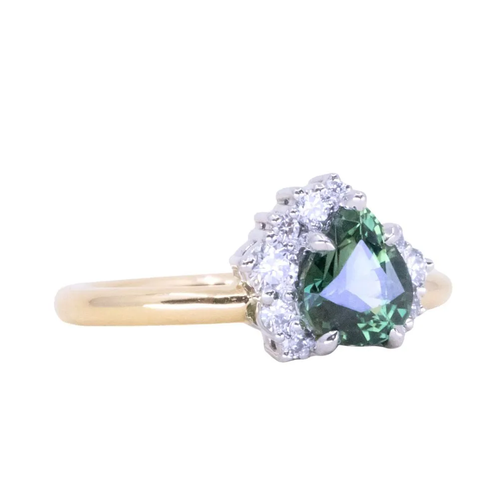 1.57ct Pear Deep Teal Green-Blue Sapphire and Diamond Asymmetrical Cluster Ring in Two Tone 18k Yellow and Platinum