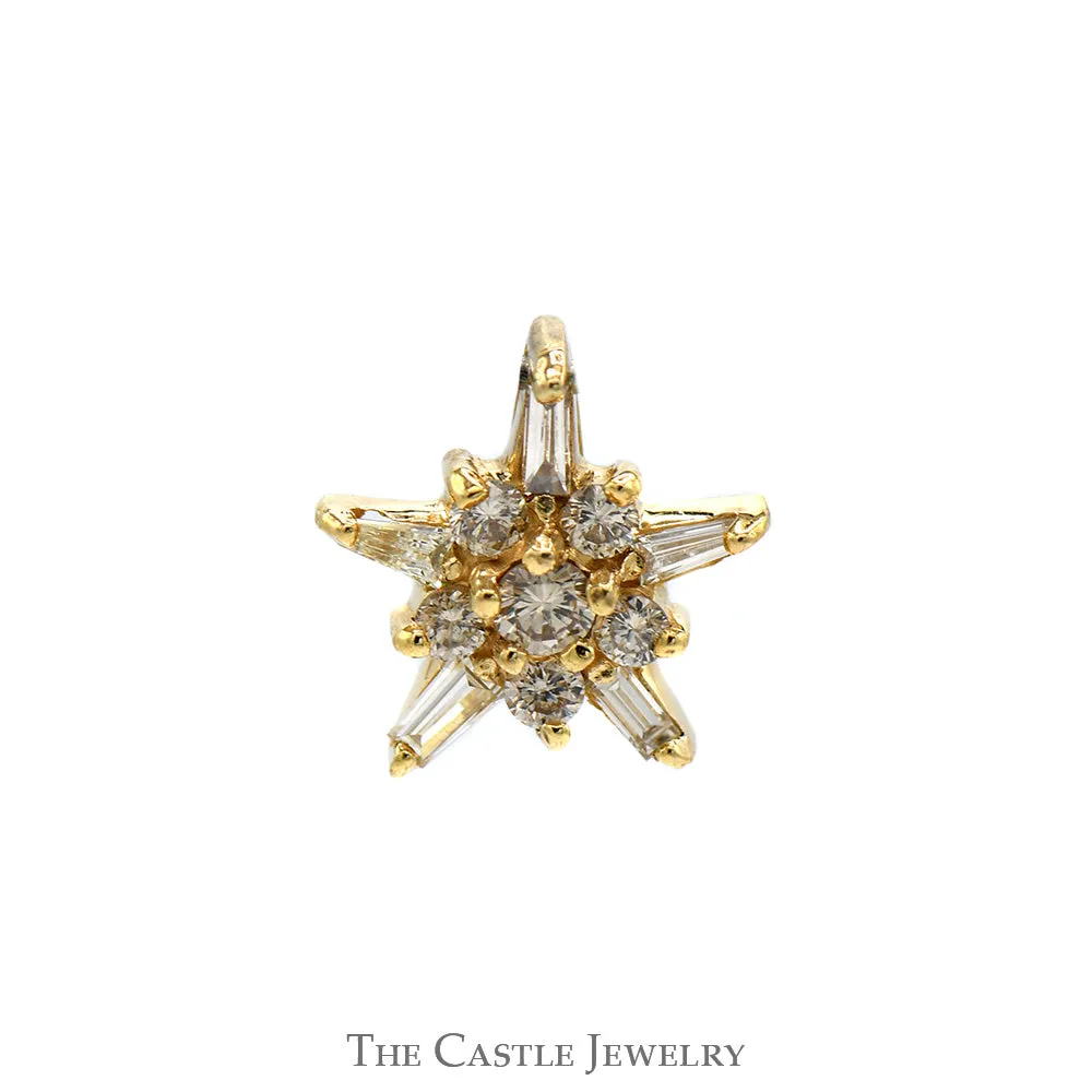 .15cttw Round and Baguette Cut Diamond Starburst Cluster Pendant in 10k Yellow Gold