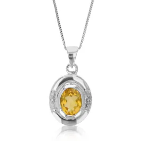 1.60 cttw Pendant Necklace, Citrine and Diamond Pendant Necklace for Women in .925 Sterling Silver with Rhodium, 18 Inch Chain, Bezel Setting