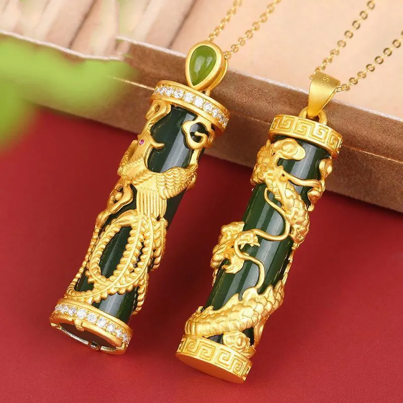 18K Gold-Plated Natural Jade Bar Pillar Dragon Pendant Necklace