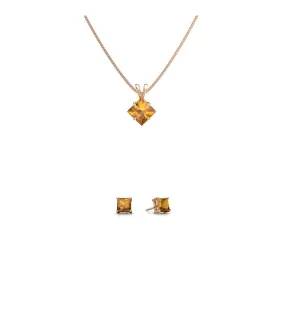 18K Rose Gold 1/2ct Citrine Square 18 Inch Necklace and Earrings Set Plated