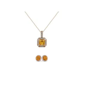 18K Rose Gold 2ct Halo Citrine Square 18 Inch Necklace and Halo Round Earrings Set Plated