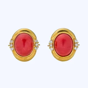 18K Yellow Gold, Coral and Diamond Earrings