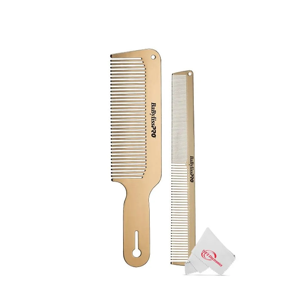 2 Pieces BaByliss Pro Barberology GoldFX Metal Comb Set 9" Clipper Comb and 7.5" Cutting Comb Gold