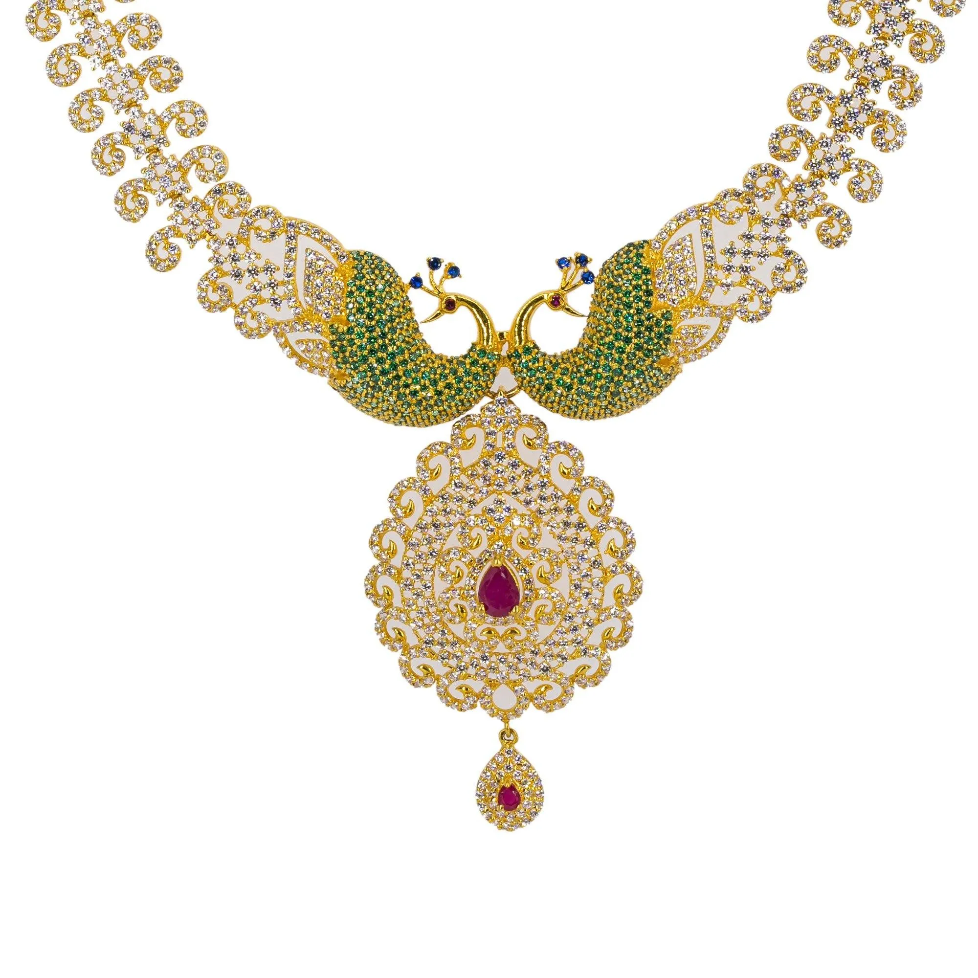 22K Yellow Gold Long Necklace & Earrings Set W/ Rubies, Multi-colored CZ & Encrusted Peacock Accents