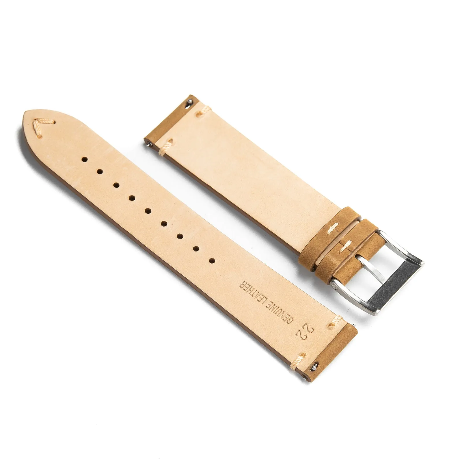 22mm Quick Release Simple Stitch Leather Watch Strap - Light Brown