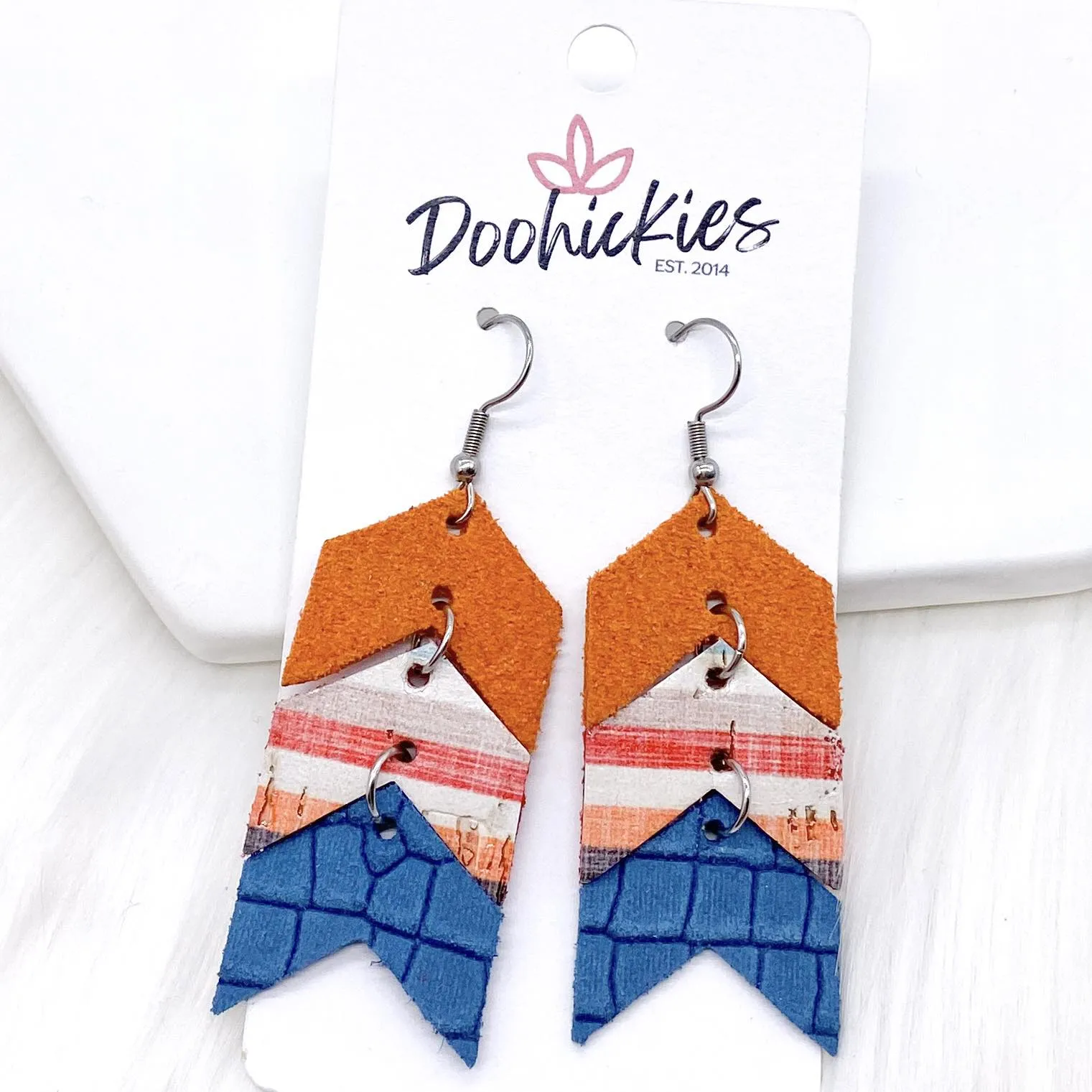 2.5" Pumpkin/Giovanni Stripes/Teal Gecko Mini Arrow Corkies -Fall Earrings