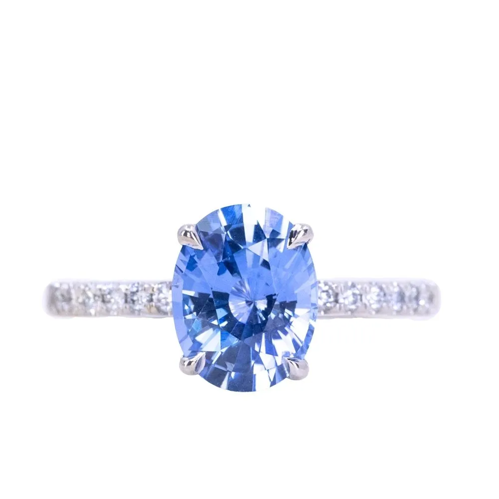 48 HOUR CUSTOMER HOLD - 2.09ct Oval Madagascar Sapphire and French Set Diamond Solitaire in 14K White Gold